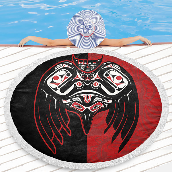 Canada Beach Blanket Red And Black Haida Raven Guardian