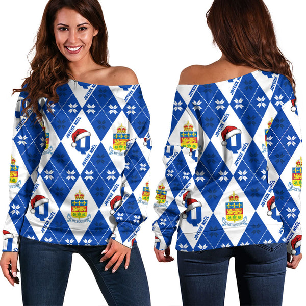 Quebec Off Shoulder Sweatshirt Christmas Argyle Pattern With Royal Crest