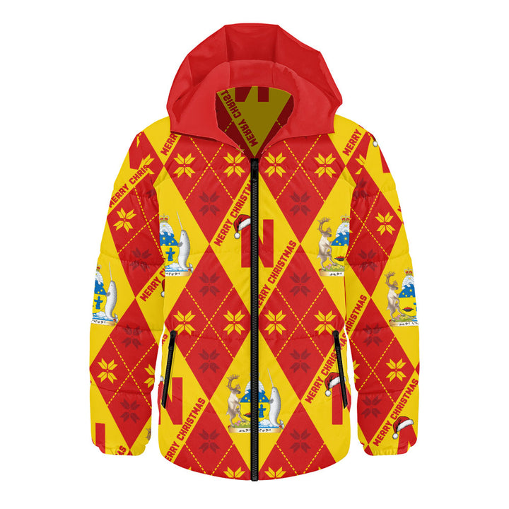 Nunavut Hooded Padded Jacket Christmas Argyle Pattern With Royal Crest