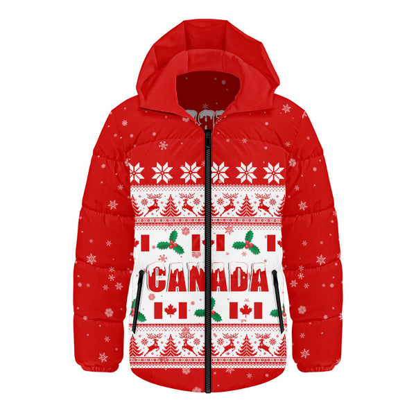 Canada Hooded Padded Jacket Christmas Knit Style Snowflake Reindeer