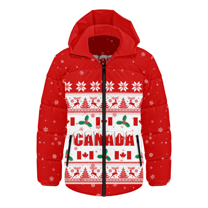 Canada Hooded Padded Jacket Christmas Knit Style Snowflake Reindeer