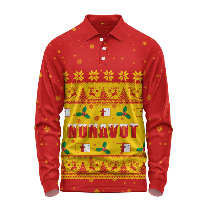 Nunavut Long Sleeve Polo Shirt Christmas Knit Style Snowflake Reindeer