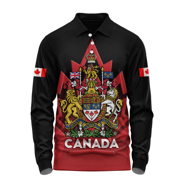 Canada Long Sleeve Polo Shirt Royal Red Black National Emblem Of Canada