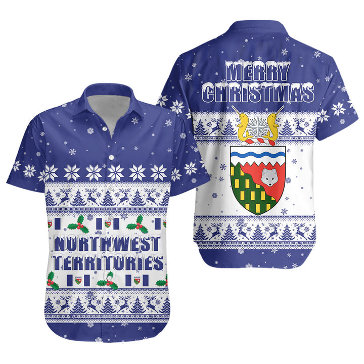 Northwest Territories Short Sleeve Shirt Christmas Knit Style Snowflake Reindeer