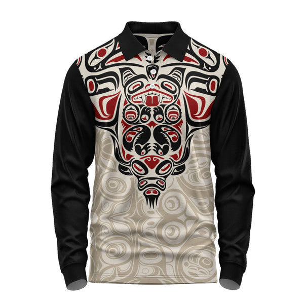 Canada Long Sleeve Polo Shirt Haida Thunderbird Tribal Spirit Design
