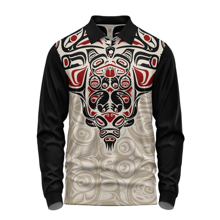 Canada Long Sleeve Polo Shirt Haida Thunderbird Tribal Spirit Design