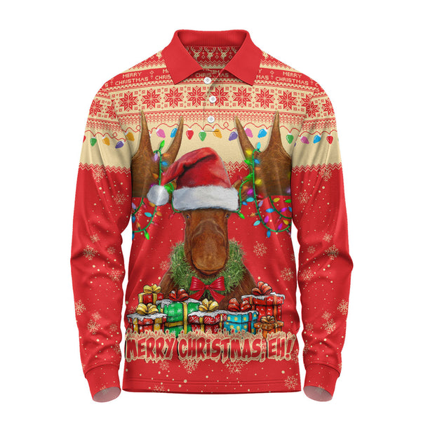 Canada Long Sleeve Polo Shirt Xmas Moose Lights Celebration