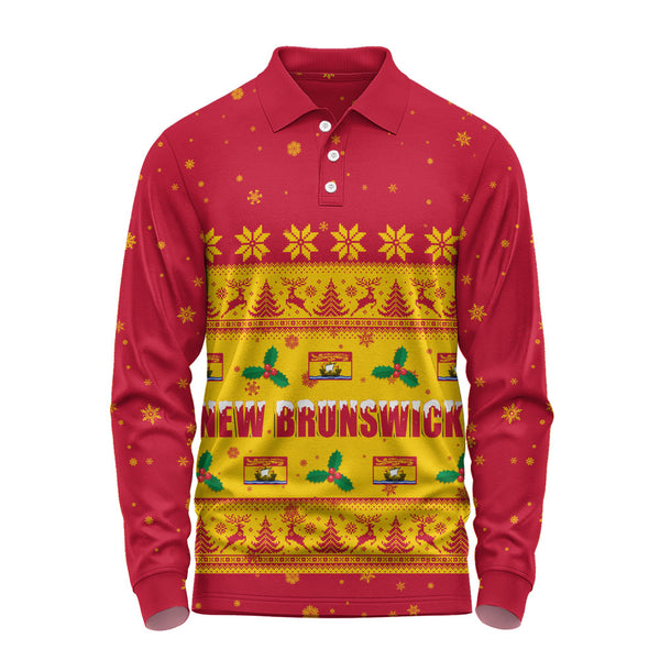 New Brunswick Long Sleeve Polo Shirt Christmas Knit Style Snowflake Reindeer