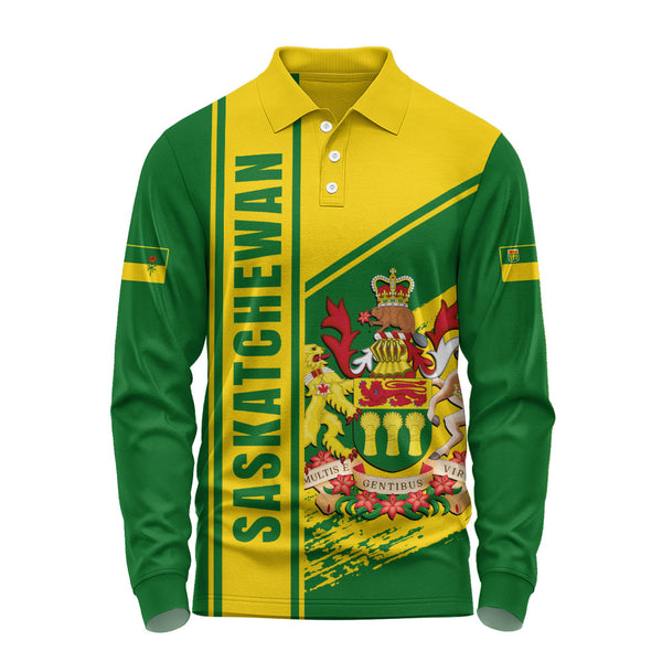 Saskatchewan Long Sleeve Polo Shirt Heritage Strength Crest