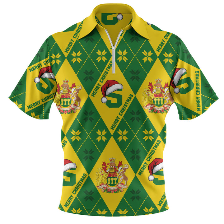 Saskatchewan Zip Polo Shirt Christmas Argyle Pattern With Royal Crest