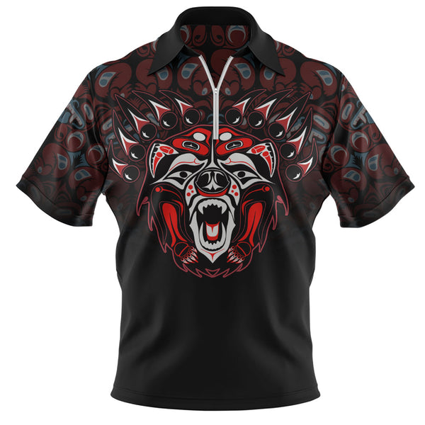 Canada Zip Polo Shirt Tribal Bear Awakening