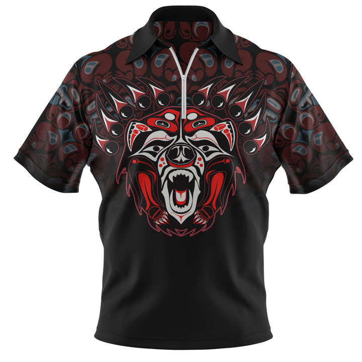 Canada Zip Polo Shirt Tribal Bear Awakening