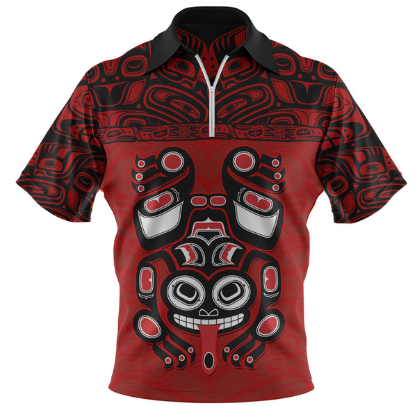Canada Zip Polo Shirt Haida Frog Guardian Tribal Power