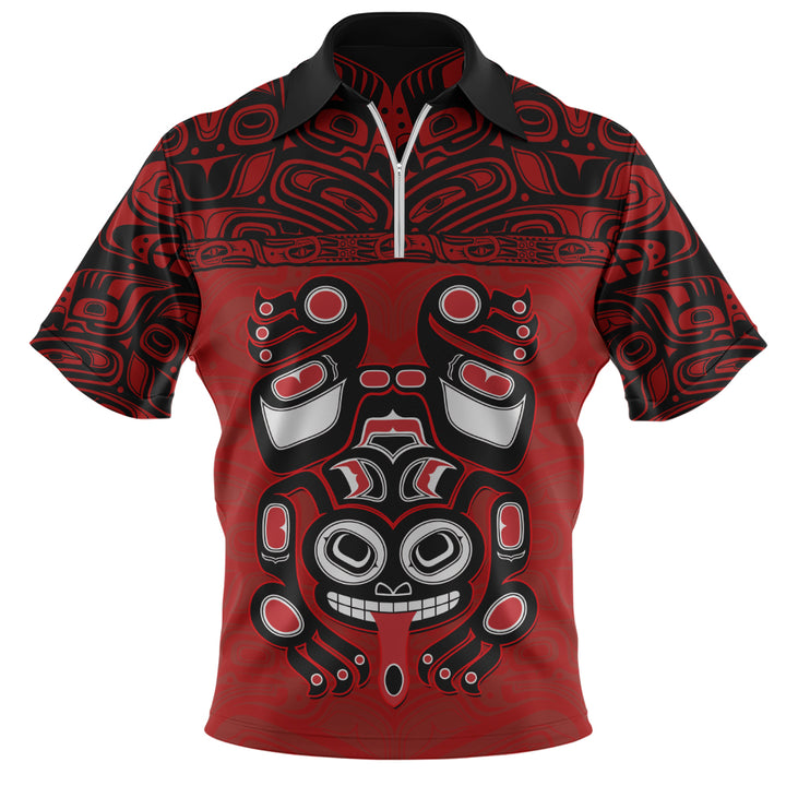 Canada Zip Polo Shirt Haida Frog Guardian Tribal Power