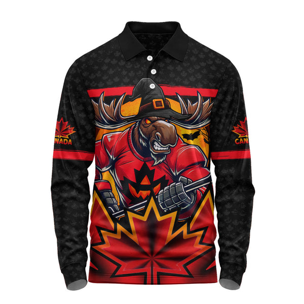 Canada Long Sleeve Polo Shirt Scary Moose Canada Hockey Spirit