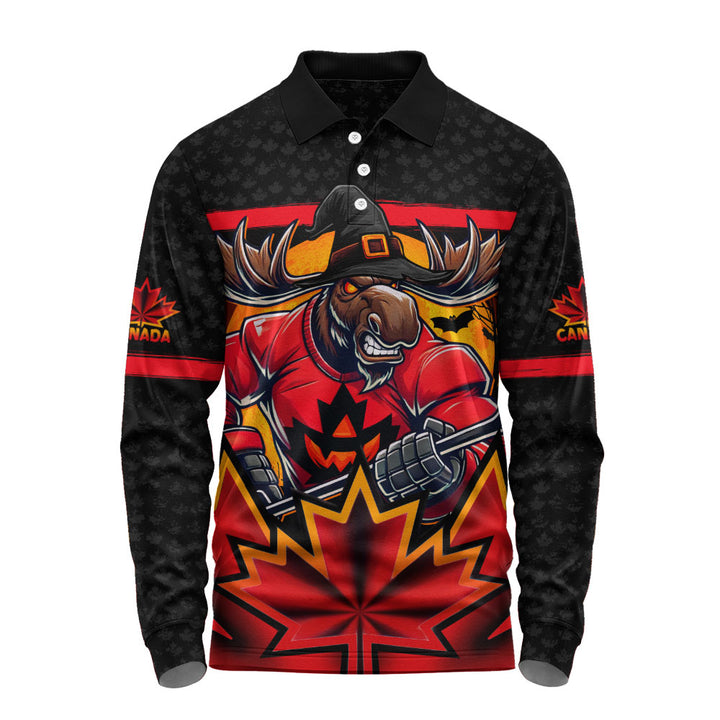 Canada Long Sleeve Polo Shirt Scary Moose Canada Hockey Spirit