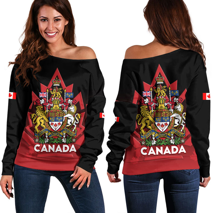 Canada Off Shoulder Sweatshirt Royal Red Black National Emblem Of Canada