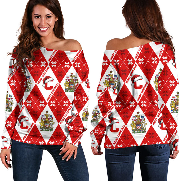 Canada Off Shoulder Sweatshirt Christmas Argyle Pattern With Royal Crest