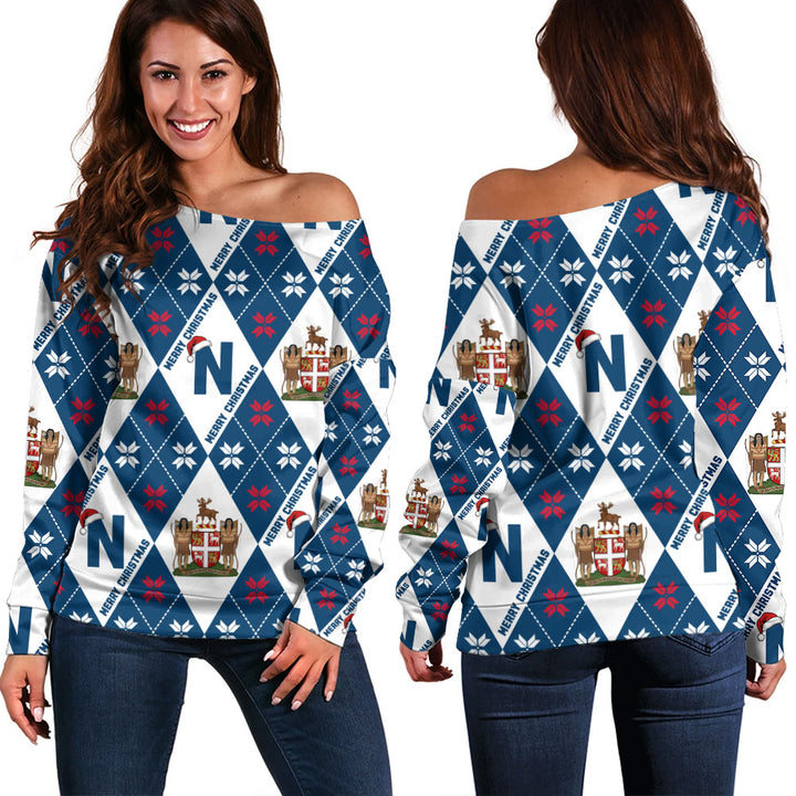 Newfoundland & Labrador Off Shoulder Sweatshirt Christmas Argyle Pattern With Royal Crest