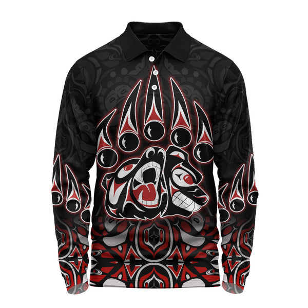 Canada Long Sleeve Polo Shirt Spirit Of The Bear Claw Tribal Power