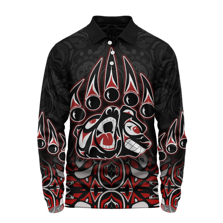 Canada Long Sleeve Polo Shirt Spirit Of The Bear Claw Tribal Power
