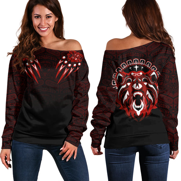 Canada Off Shoulder Sweatshirt Haida Hunter Spirit