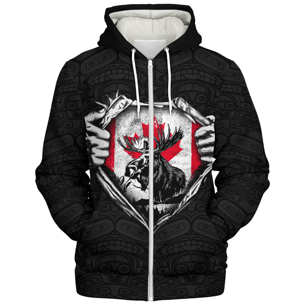 Canada Sherpa Hoodie Haida Maple Flag Moose Legacy