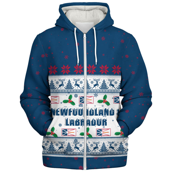 Newfoundland & Labrador Sherpa Hoodie Christmas Knit Style Snowflake Reindeer