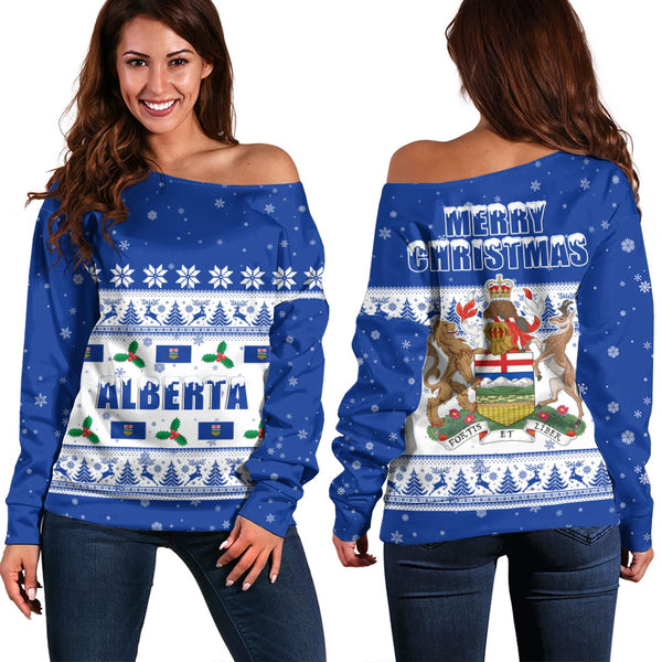 Alberta Off Shoulder Sweatshirt Christmas Knit Style Snowflake Reindeer