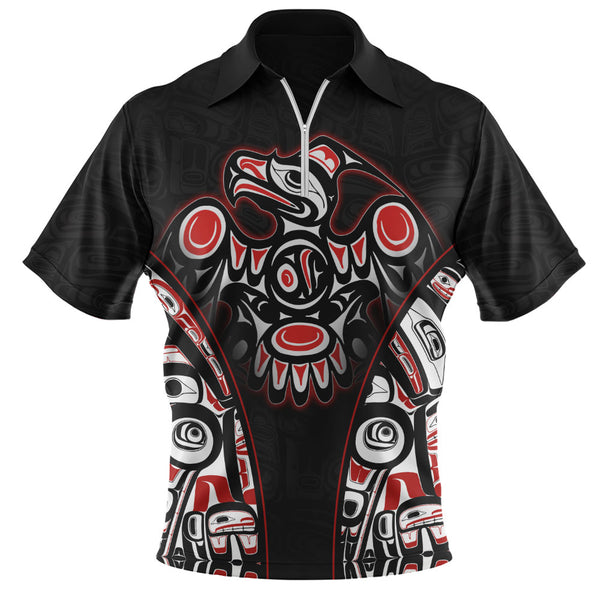 Canada Zip Polo Shirt Thunderbird Totem Legacy Black And Red Power
