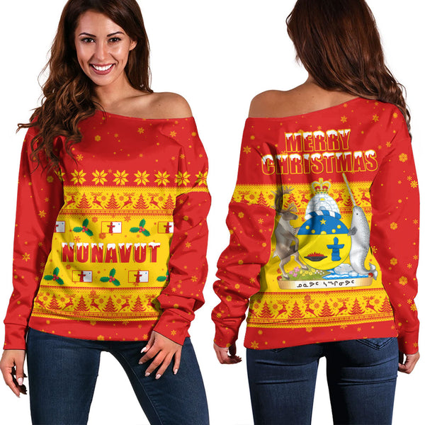 Nunavut Off Shoulder Sweatshirt Christmas Knit Style Snowflake Reindeer