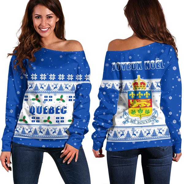 Quebec Off Shoulder Sweatshirt Christmas Knit Style Snowflake Reindeer