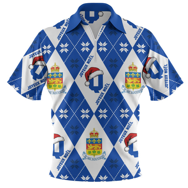 Quebec Zip Polo Shirt Christmas Argyle Pattern With Royal Crest