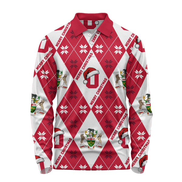 Ontario Long Sleeve Polo Shirt Christmas Argyle Pattern With Royal Crest