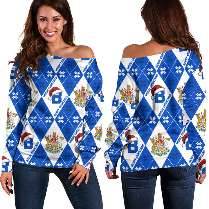 British Columbia Off Shoulder Sweatshirt Christmas Argyle Pattern With Royal Crest