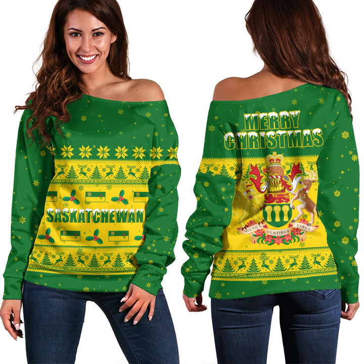 Saskatchewan Off Shoulder Sweatshirt Christmas Knit Style Snowflake Reindeer
