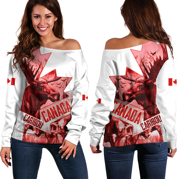 Canada Off Shoulder Sweatshirt The Red Wild Caribou Heritage