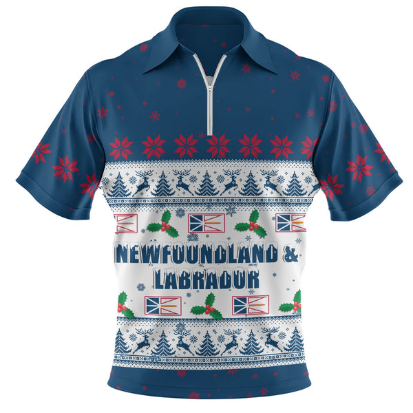 Newfoundland & Labrador Zip Polo Shirt Christmas Knit Style Snowflake Reindeer