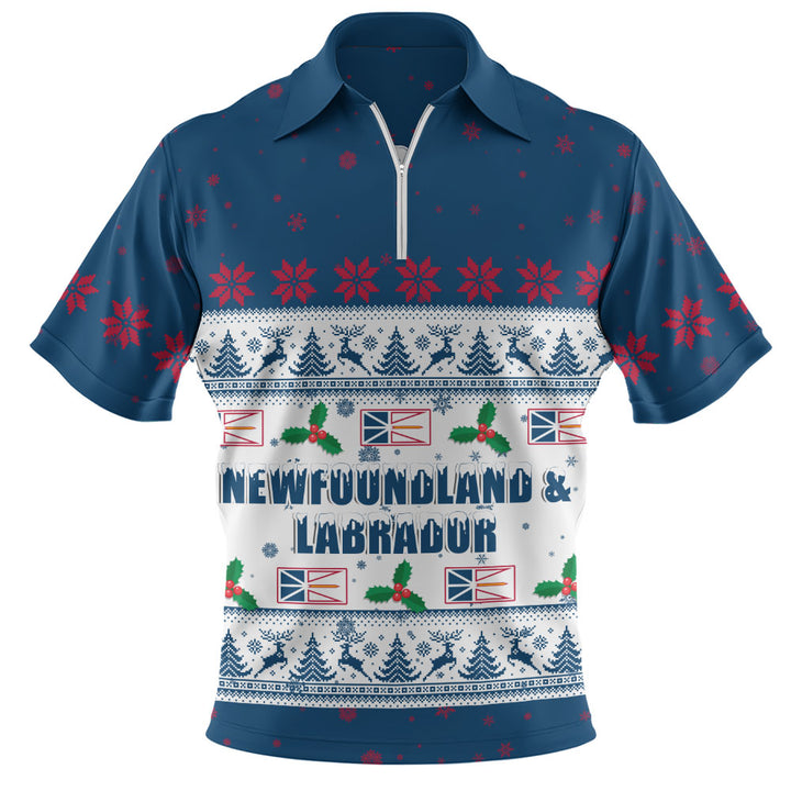 Newfoundland & Labrador Zip Polo Shirt Christmas Knit Style Snowflake Reindeer