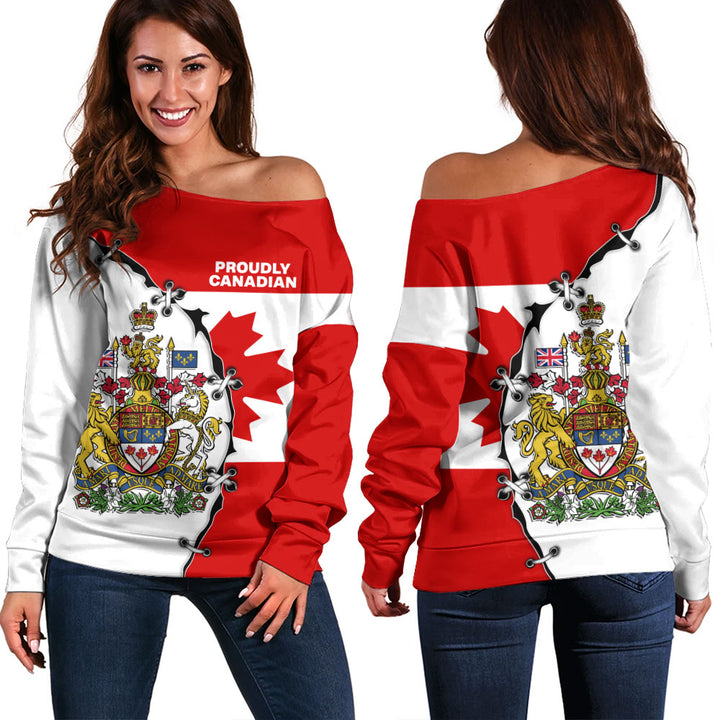 Canada Off Shoulder Sweatshirt Coat Of Arms Unity Zipper Style