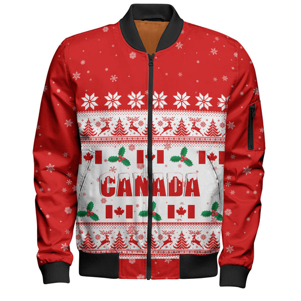 Canada Bomber Jacket Christmas Knit Style Snowflake Reindeer