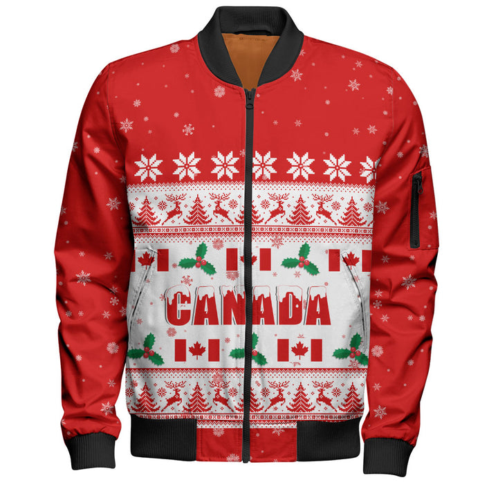 Canada Bomber Jacket Christmas Knit Style Snowflake Reindeer