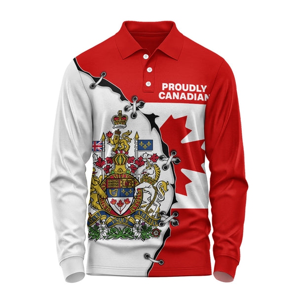 Canada Long Sleeve Polo Shirt Coat Of Arms Unity Zipper Style