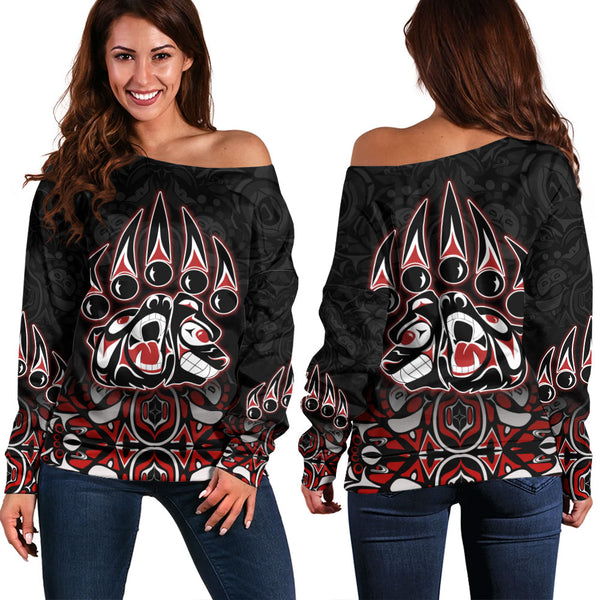 Canada Off Shoulder Sweatshirt Spirit Of The Bear Claw Tribal Power