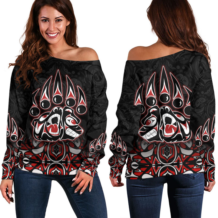 Canada Off Shoulder Sweatshirt Spirit Of The Bear Claw Tribal Power