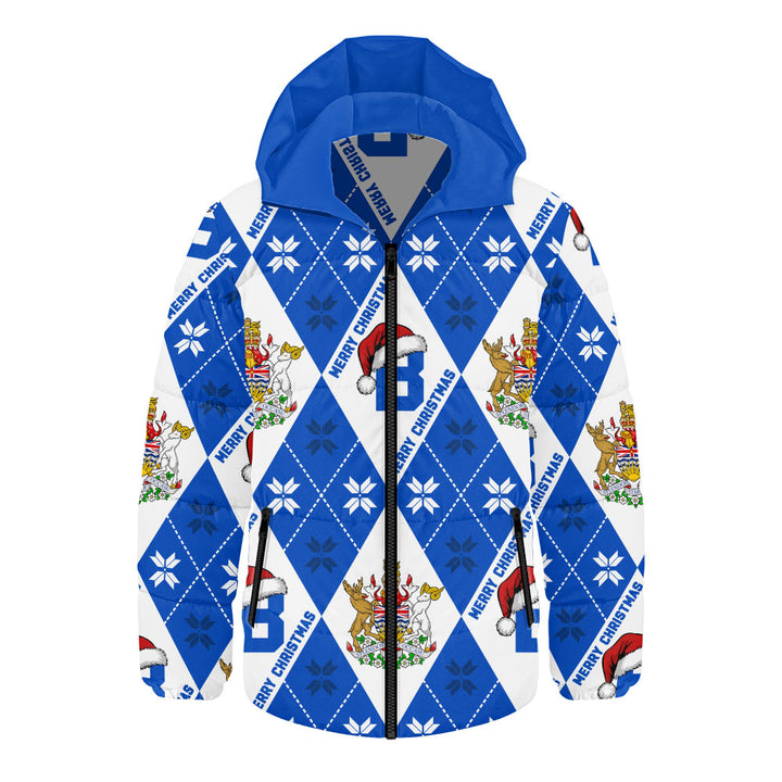 British Columbia Hooded Padded Jacket Christmas Argyle Pattern With Royal Crest