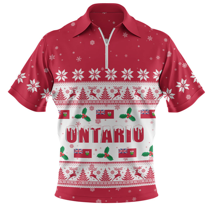 Ontario Zip Polo Shirt Christmas Knit Style Snowflake Reindeer