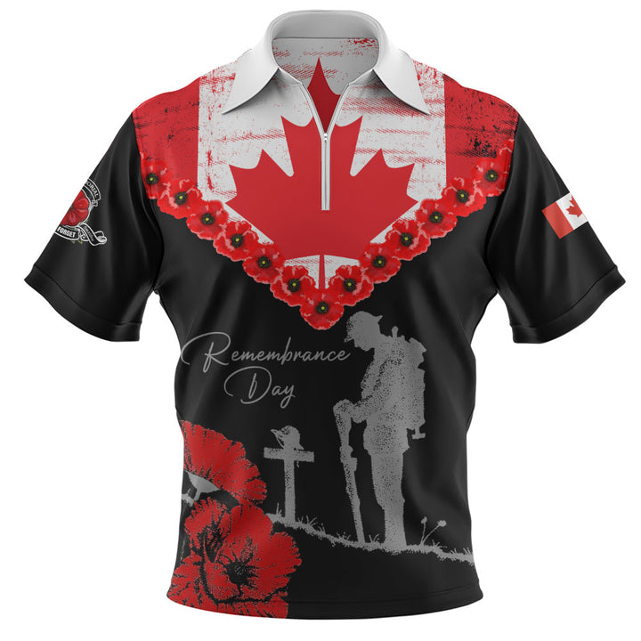 Canada Zip Polo Shirt Remembrance Day Maple Poppy Honor