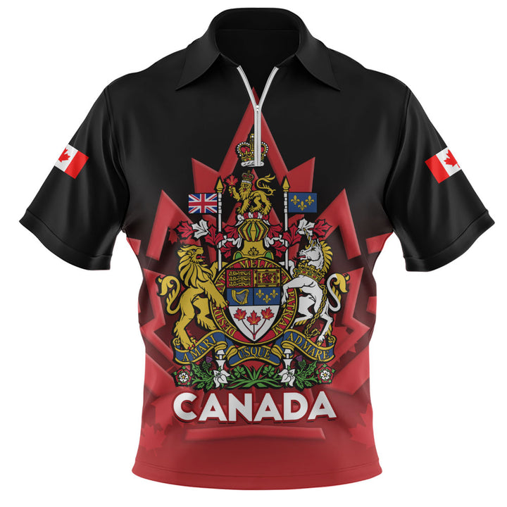 Canada Zip Polo Shirt Royal Red Black National Emblem Of Canada