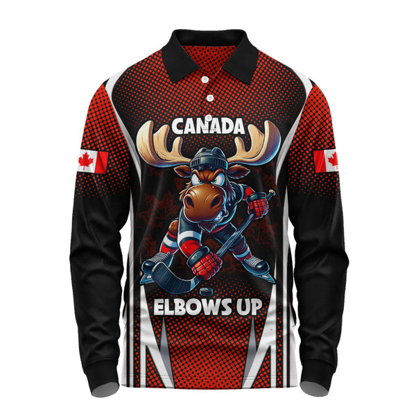 Canada Long Sleeve Polo Shirt Fight Ready Moose Canada Hockey Attitude